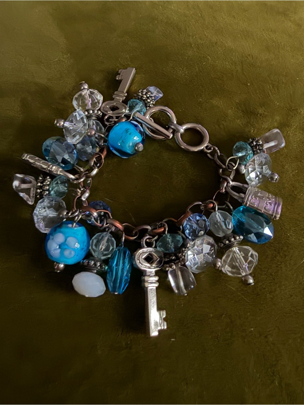 Y2K Blue Floral Glass Bead, Lock & Key Crystal Silver Tone Charm Bracelet